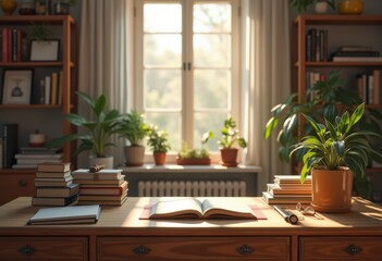 cozy study desk books stationery creative workspace inspiration organized work environment, notebook, pens, pencils, paper, chair, documents, resources