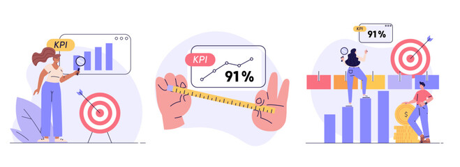 KPI illustration. Key Performance Indicator collection. Businessman measuring business result. Quality analysis and control. KPI measurement to evaluate success. Vector flat cartoon set