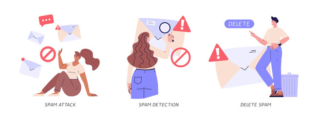 Spam message illustration. User receiving spam email and using anti-spam protection. Collection of spam software spreading, ad blocking, phishing attack, noise advertising. Vector flat cartoon set