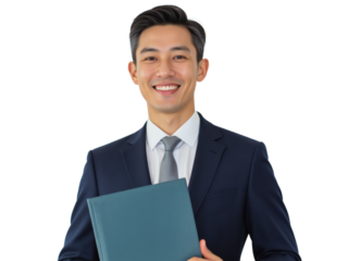 Business portrait isolated on white transparent background: A smiling Asian man in a navy suit and gray tie confidently holds a teal folder, looking directly at the camera against a clean white back