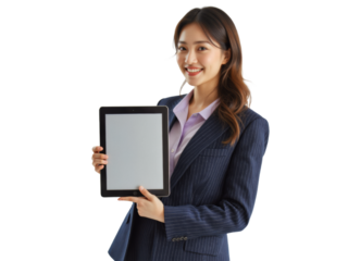 Business portrait isolated on white transparent background: A smiling Asian woman in a navy pinstripe suit holds up a tablet displaying a blank screen, presenting a professional and confident demean