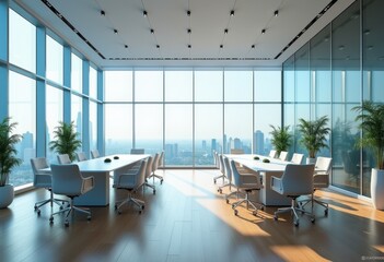 modern conference room dynamic glass walls innovative design bright open space, workspace, interior, office, furniture, lighting, meeting, table, chair