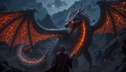 Obraz premium Wizard Commands Fiery Red Dragon in Dark Fantasy Scene with Glowing Magical Chains