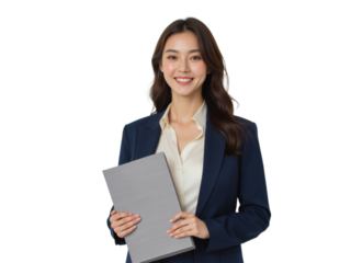 Business portrait isolated on white transparent background: A smiling Asian woman in a navy blazer and cream blouse confidently holds a gray folder, looking directly at the camera against a plain wh