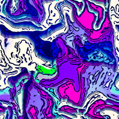 Modern marbled boho seamless pattern. Funky blue pink wavy fashion background design. Painterly swirl effect for summer retro 80s vibes.