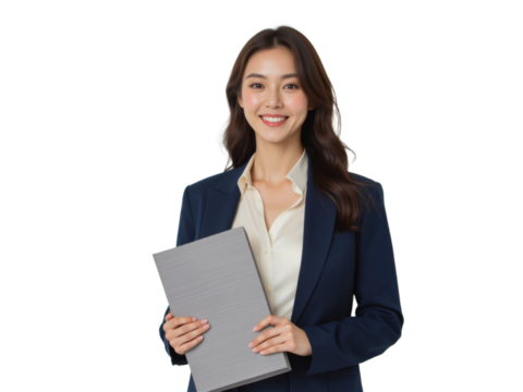 Business portrait isolated on white transparent background: A smiling Asian woman in a navy blazer and cream blouse confidently holds a gray folder, looking directly at the camera against a plain wh