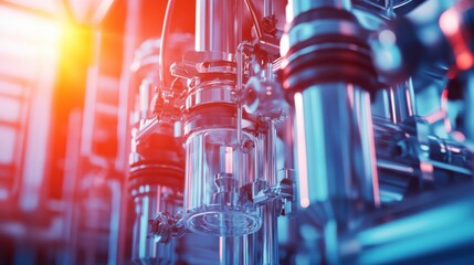 Industrial Machinery with Pipes and Glass Components Under Light