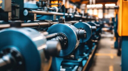 Naklejka premium Industrial machinery with spools in a manufacturing environment