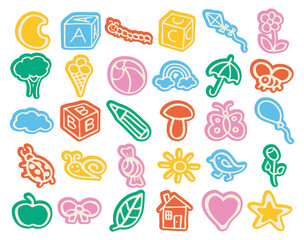 Fun cute set of kids colorful stickers, icons. Hand drawn doodles sketch children's elements. Сhildren's draw style design elements