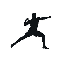 Silhouette Of A Muscular Man Practicing Martial Arts Isolated On White Background Demonstrating Punching Technique And Powerful Form Athletic Training