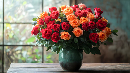 A vibrant arrangement of red and orange roses with contrasting dark green leaves, beautifully arranged in a large vase on a wooden table.