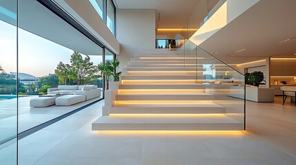 Fototapeta premium Modern Luxury Home Interior With Illuminated Staircase And Open Living Room Photo
