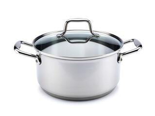 Stainless steel cooking pot with transparent glass lid and sturdy handles isolated on a pure white background.