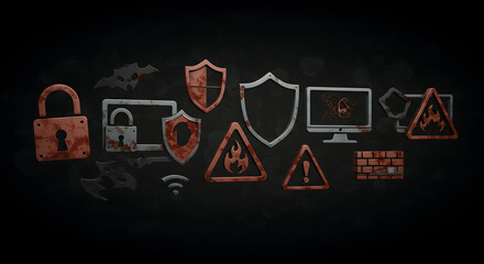 Digital security icons in spooky style, dark background