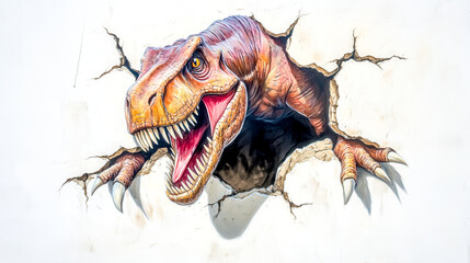 Dinosaur breaking through wall in 3d chalk art