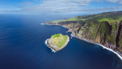 Aerial view on the northwest cliff coast of the isle of Flores, Azores Portugal