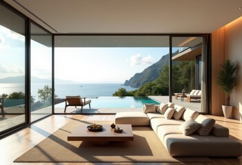 Fototapeta premium modern villa interior exterior design seamless indoor outdoor living panoramic ocean view serenity, landscape, water, property, balcony, deck, architecture