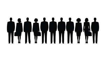 Vector silhouettes of men and a women, a group of standing business people, black color isolated on white background
