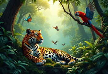 vibrant jungle animals surrounded lush green foliage nature scene wildlife habitat, flora, tropical, forest, canopy, creatures, scenery, colorful, birds