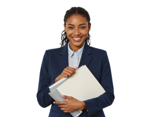 Business portrait isolated on white transparent background: A confident Black woman in a navy suit smiles directly at the camera while holding a folder, projecting professionalism and competence.