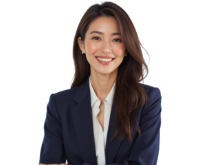 Business portrait isolated on white transparent background: A smiling Asian woman in a navy blazer and white shirt confidently poses against a white background, projecting a professional and approac