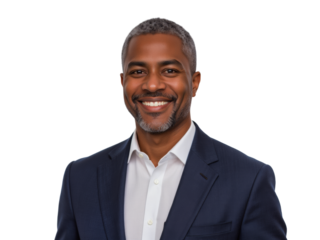 Business portrait isolated on white transparent background: A smiling middle-aged Black man wearing a navy blazer and white shirt stands confidently against a white background, projecting a professi