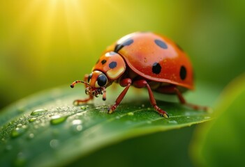 Fototapeta premium vibrant red ladybug lush green leaf macro nature detail close, micro, plant, flora, closeup, wildlife, ecosystem, flower, textures, beauty, biodiversity