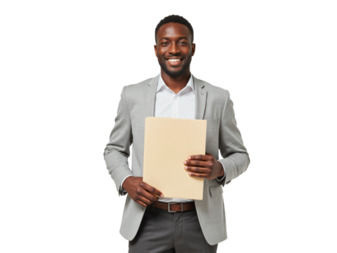 Business portrait isolated on white transparent background: A smiling Black man in a grey blazer and white shirt confidently holds a folder, presenting a professional and approachable demeanor.