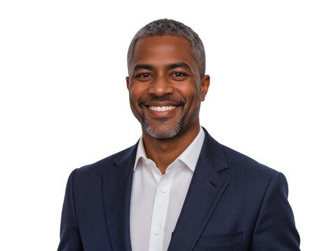 Business portrait isolated on white transparent background: A smiling middle-aged Black man wearing a navy blazer and white shirt stands confidently against a white background, projecting a professi