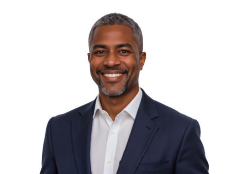 Business portrait isolated on white transparent background: A smiling middle-aged Black man wearing a navy blazer and white shirt stands confidently against a white background, projecting a professi