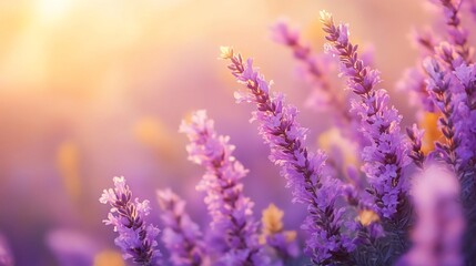 Fototapeta premium Lavender blooms basking in sunlight, field backdrop, floral beauty, summer