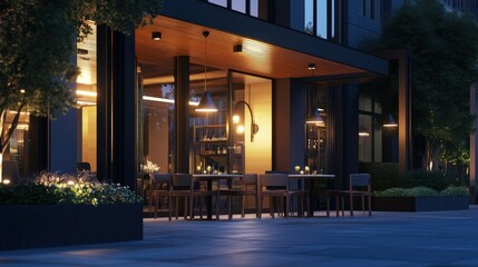 Fototapeta premium Cozy Outdoor Dining Area with Elegant Lighting and Modern Design