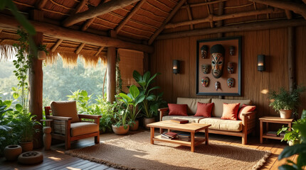 Cozy African rainforest living room featuring handcrafted wooden furniture, woven textiles, tribal masks, and surrounded by lush tropical greenery.