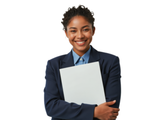 Business portrait isolated on white transparent background: A confident young Black woman in a navy blazer and blue shirt smiles warmly while holding a blank white document.