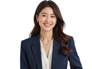 Business portrait isolated on white transparent background: A smiling Asian woman in a navy blazer and white blouse confidently looks at the camera against a plain white background.