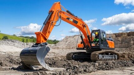 Obraz premium Construction worker operating an excavator at a building site. Featuring power and control