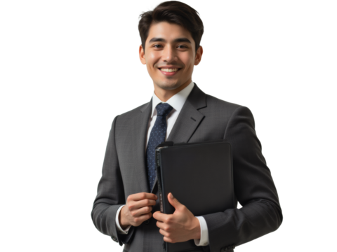 Business portrait isolated on white transparent background: A smiling young Asian man in a grey suit and tie confidently holds a black portfolio against a white background.