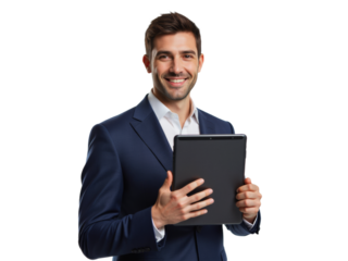 Business portrait isolated on white transparent background: A smiling businessman in a navy suit confidently presents a tablet, conveying professionalism and technological engagement.