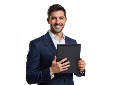 Business portrait isolated on white transparent background: A smiling businessman in a navy suit confidently presents a tablet, conveying professionalism and technological engagement.