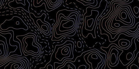 Abstract Glowing Contour Lines on Dark Background. Digital Elevation Map with Neon Light Effect. Dark Abstract Background with Colorful Topo Lines