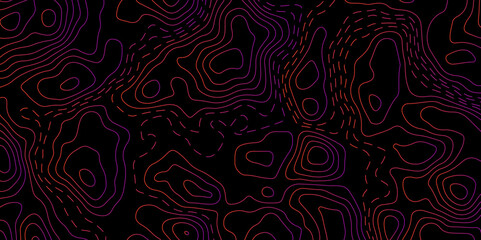 Abstract Glowing Contour Lines on Dark Background. Digital Elevation Map with Neon Light Effect. Dark Abstract Background with Colorful Topo Lines