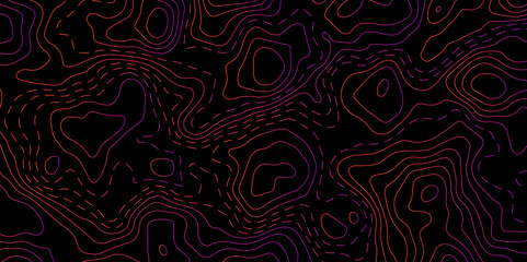 Abstract Glowing Contour Lines on Dark Background. Digital Elevation Map with Neon Light Effect. Dark Abstract Background with Colorful Topo Lines