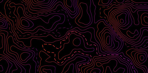 Abstract Glowing Contour Lines on Dark Background. Digital Elevation Map with Neon Light Effect. Dark Abstract Background with Colorful Topo Lines
