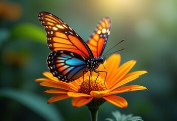Fototapeta premium vivid butterfly perched vibrant flower colorful nature scene close, insect, wings, pollinator, petal, garden, nectar, blossom, botanical, flora