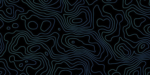 Abstract Glowing Contour Lines on Dark Background. Digital Elevation Map with Neon Light Effect. Dark Abstract Background with Colorful Topo Lines