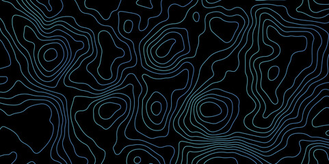 Abstract Glowing Contour Lines on Dark Background. Digital Elevation Map with Neon Light Effect. Dark Abstract Background with Colorful Topo Lines