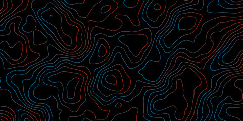 Abstract Glowing Contour Lines on Dark Background. Digital Elevation Map with Neon Light Effect. Dark Abstract Background with Colorful Topo Lines