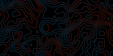Abstract Glowing Contour Lines on Dark Background. Digital Elevation Map with Neon Light Effect. Dark Abstract Background with Colorful Topo Lines