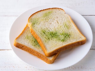 Close-up of inedible, spoiled white bread slices with prominent green mold fungus on a white plate.