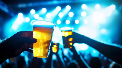Group of friends clinking plastic beer cups with smiles, stage lights and sound waves ripple across the vibrant crowd